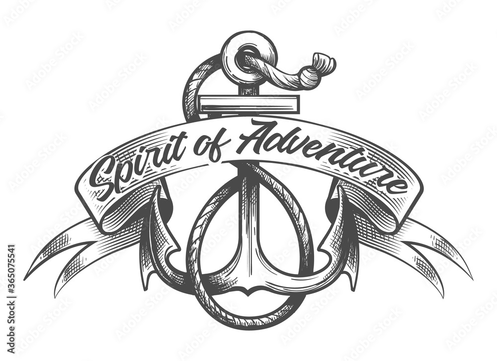 Anchor and Ribbon with lettering Spirit of Adventure Tattoo Stock