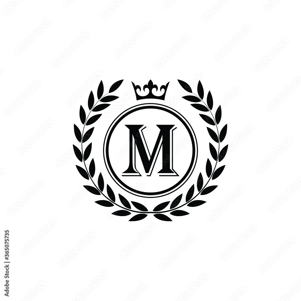 Letter M laurel wreath template logo Luxury letter with crown. Monogram alphabet . Beautiful royal initials letter.	
