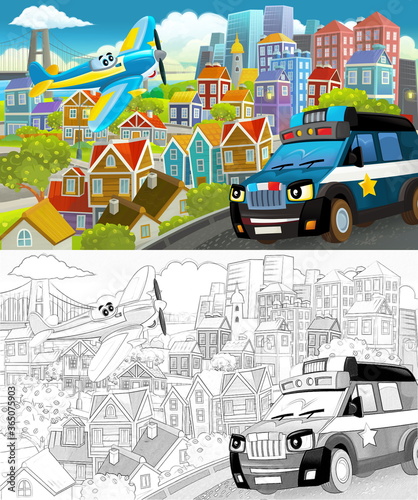 cartoon scene in the city flying plane and car illustration © honeyflavour