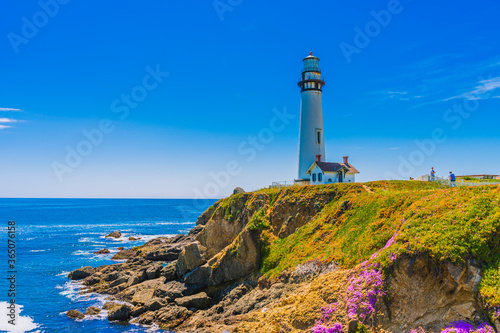 Pigeon Point Lighthouse  Landmark of Pacific Coast Highway  Highway 1  at Big Sur  surrounded with colorful wildflowers in spring time  California