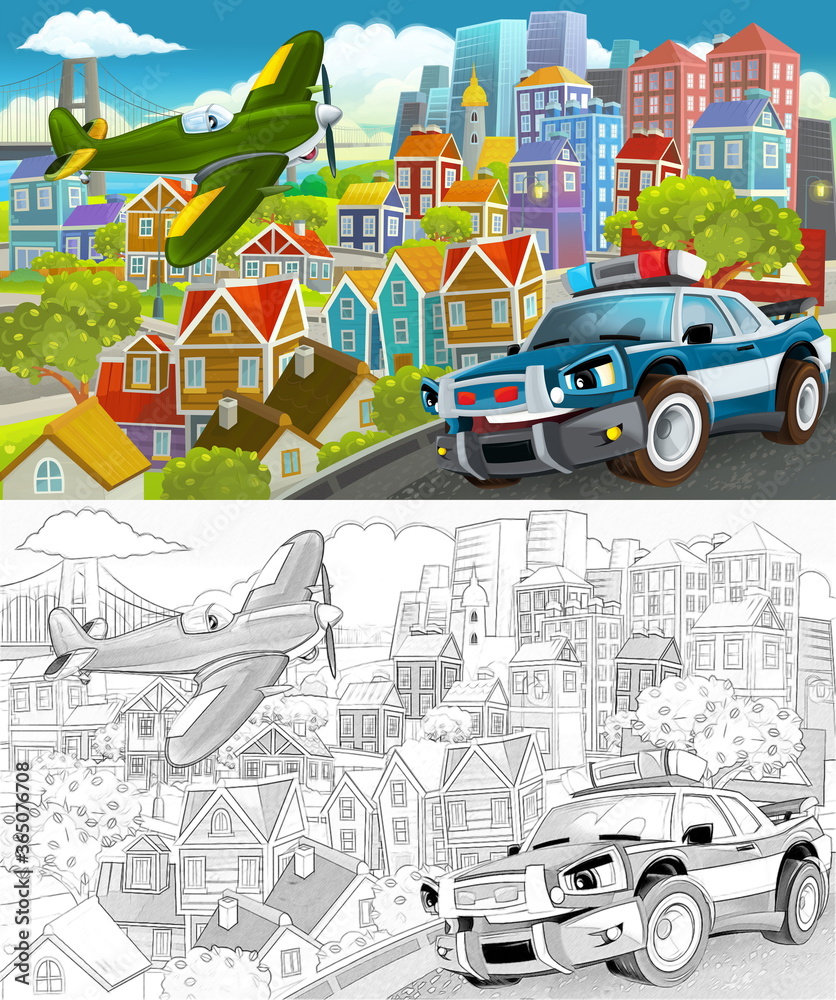 Naklejka premium cartoon scene in the city flying plane and car illustration