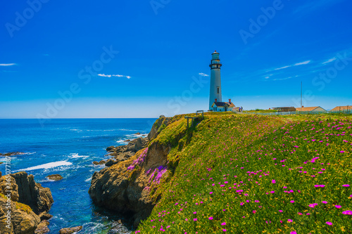 Pigeon Point Lighthouse, Landmark of Pacific Coast Highway (Highway 1) at Big Sur, surrounded with colorful wildflowers in spring time, California photo