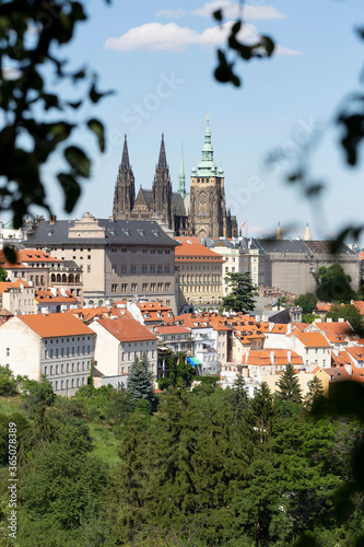Prague City with gothic Castle and the green Nature from the Hill Petrin, Czech Republic