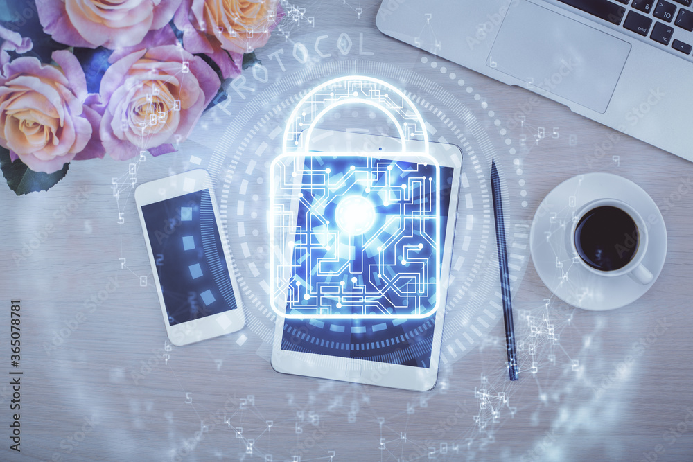 Double exposure of lock drawing over desktop. Top view. Security concept. Double exposure of lock drawing over desktop. Top view. Security concept.