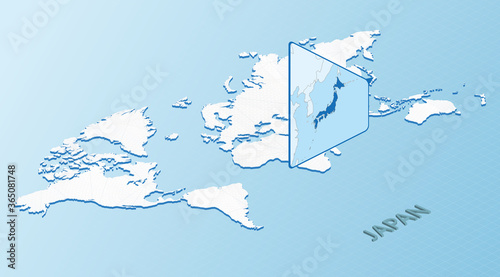 World Map in isometric style with detailed map of Japan. Light blue Japan map with abstract World Map.