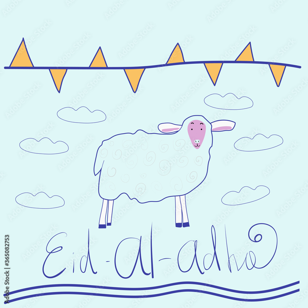 Eid ul adha greeting card with sheep, moon, star and flags, muslim community festival of sacrifice. illustration in style doodle. Islamic holiday. Eid ul adha greeting card with sheep, moon, star and flags, muslim community festival of sacrifice. illustration in style doodle. Islamic holiday.
