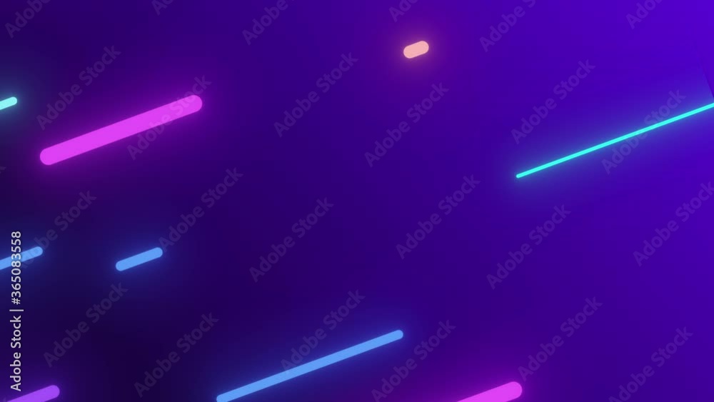 Abstract 2D animation background of glowing diagonal lines streaming across the screen. Deep blues and vibrant purples and pinks. 