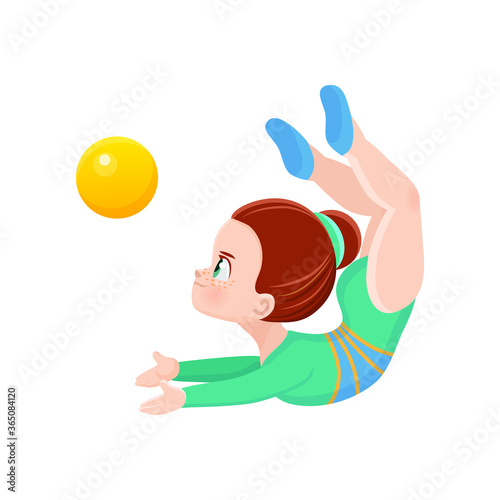 vector icon of a cheerful cute athletic gymnast girl sitting on a twine, exercise in rhythmic gymnastics competitions, sticker for print and for website, acrobatic athlete rhythmic gymnastics, olympic