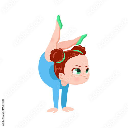 vector icon of a cheerful cute athletic gymnast girl sitting on a twine, exercise in rhythmic gymnastics competitions, sticker for print and for website, acrobatic athlete rhythmic gymnastics, olympic