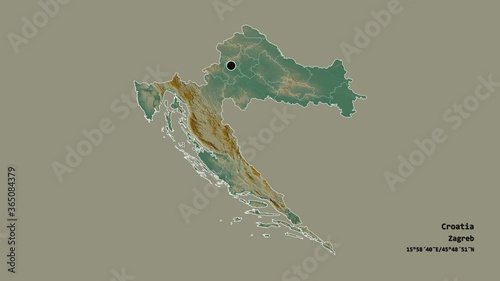 Karlovacka, county of Croatia, with its capital, localized, outlined and zoomed with informative overlays on a relief map in the Stereographic projection. Animation 3D photo