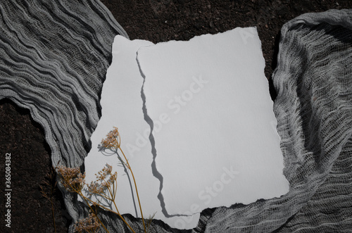 Stationery mockup with herbs on a dark background. For wedding invitations, greeting cards or branding