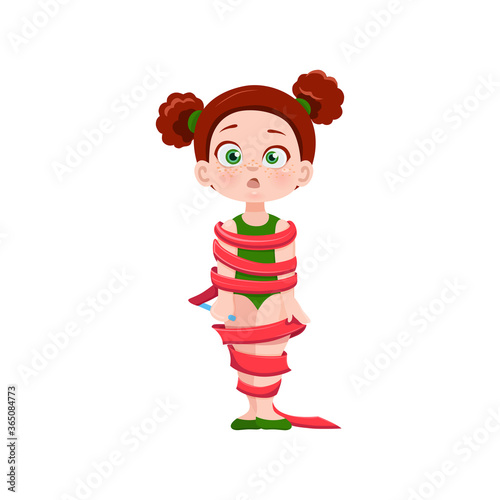 vector icon of a cheerful cute athletic gymnast girl sitting on a twine, exercise in rhythmic gymnastics competitions, sticker for print and for website, acrobatic athlete rhythmic gymnastics, olympic