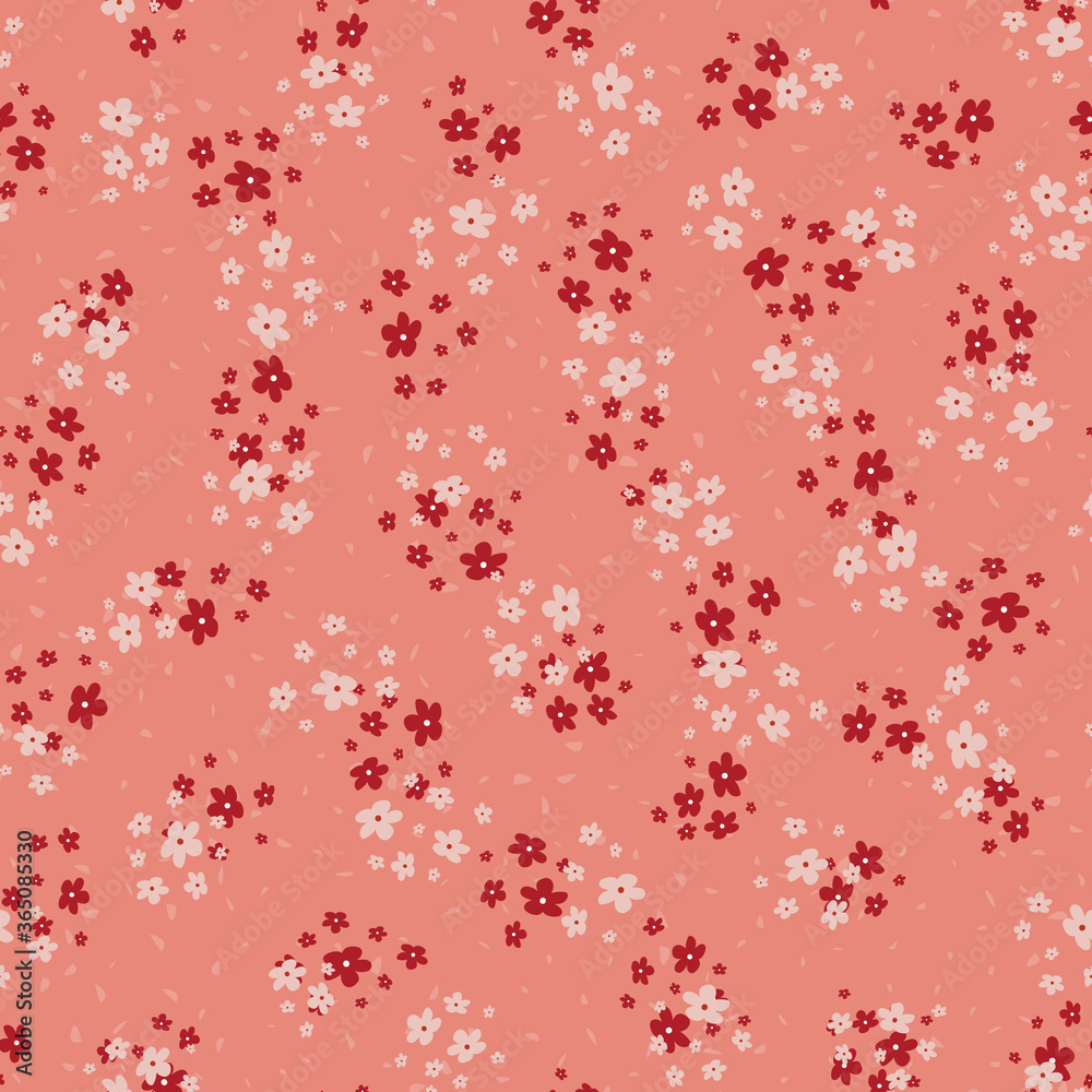 Vector seamless pattern with small scattered pink and red flowers. Elegant minimal floral background. Simple ditsy texture. Liberty style wallpapers. Repeat design for print, decor, fabric, clothing Vector seamless pattern with small scattered pink and red flowers. Elegant minimal floral background. Simple ditsy texture. Liberty style wallpapers. Repeat design for print, decor, fabric, clothing