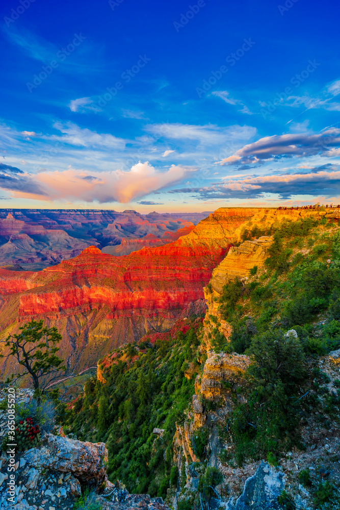 Panoramic image of the colorful Sunset on the Grand Canyon in Grand Canyon National Park from the south rim part,Arizona,USA, on a sunny cloudy day with blue or gloden sky