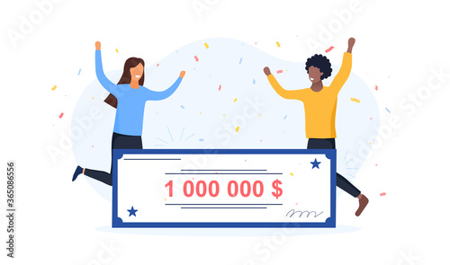 Two diverse young Lottery Winners celebrating a million dollar win cheering and laughing, colored vector illustration photo