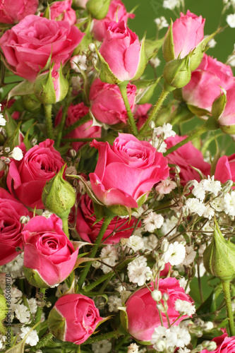 Bouquet of small pink roses on a green background. Closeup