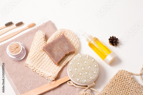 eco friendly hygiene set on a white background, bath products made from natural materials for body care and oral cavity, zero waste lifestyle concept