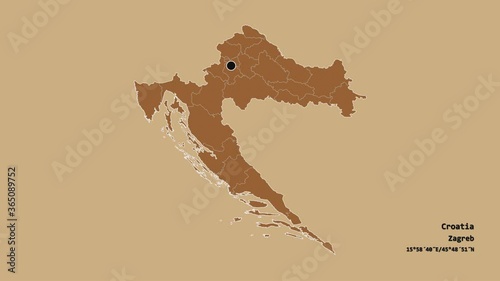 Viroviticko-Podravska, county of Croatia, with its capital, localized, outlined and zoomed with informative overlays on a solid patterned map in the Stereographic projection. Animation 3D photo