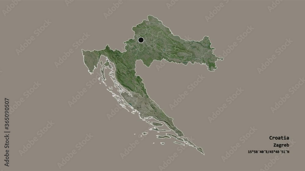 Zadarska, county of Croatia, with its capital, localized, outlined and zoomed with informative overlays on a satellite map in the Stereographic projection. Animation 3D Zadarska, county of Croatia, with its capital, localized, outlined and zoomed with informative overlays on a satellite map in the Stereographic projection. Animation 3D