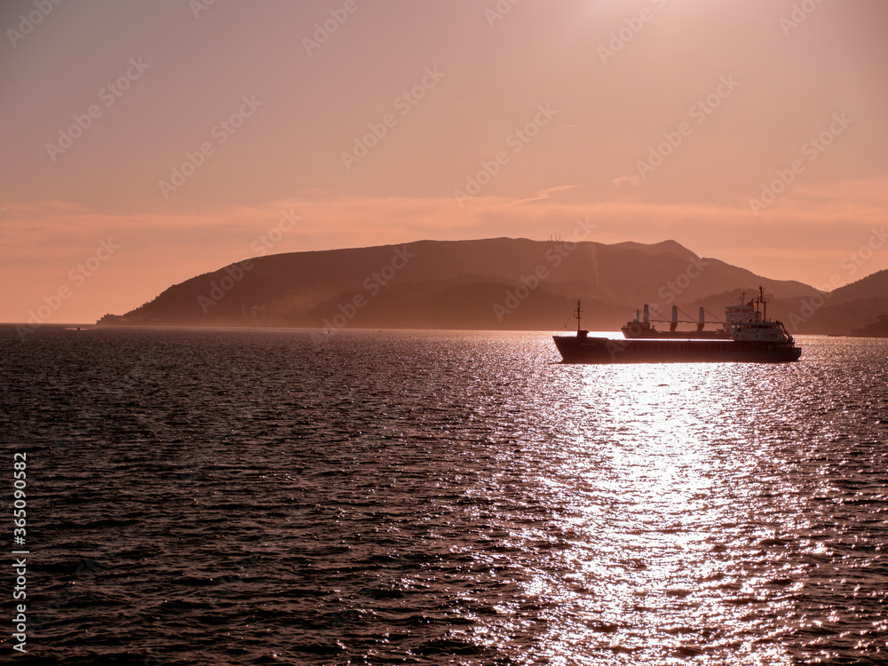 Obraz premium Cargo Transportation Ship leaving Sea Harbor Port