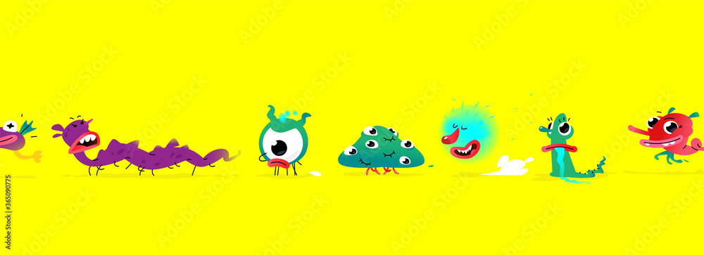 Illustrations of cute, pretty monster characters.  Mascot for companies. Abstract creature. Characters isolated on a yellow background. Baby cartoon pets or mutants. Freaks.