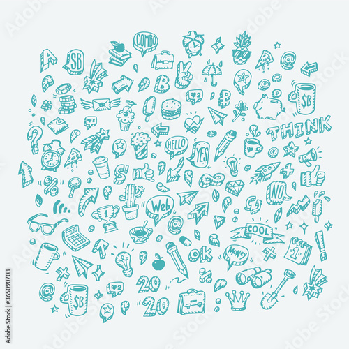 Set of icons on the theme of business and finance.  Web icons in doodle style. All elements are isolated on a white background. Fashionable style.