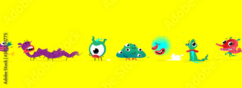 Illustrations of cute, pretty monster characters. Mascot for companies. Abstract creature. Characters isolated on a yellow background. Baby cartoon pets or mutants. Freaks.