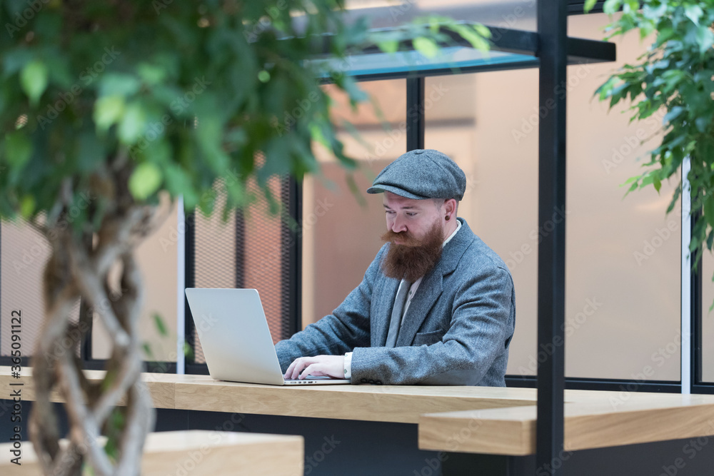 Portrait of brutal bearded hipster man wearing wool blazer, cap working on laptop sitting in cafe/ restaurant. Distance job, remote work. 