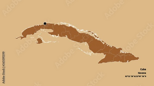 Ciego de Ávila, province of Cuba, with its capital, localized, outlined and zoomed with informative overlays on a solid patterned map in the Stereographic projection. Animation 3D photo