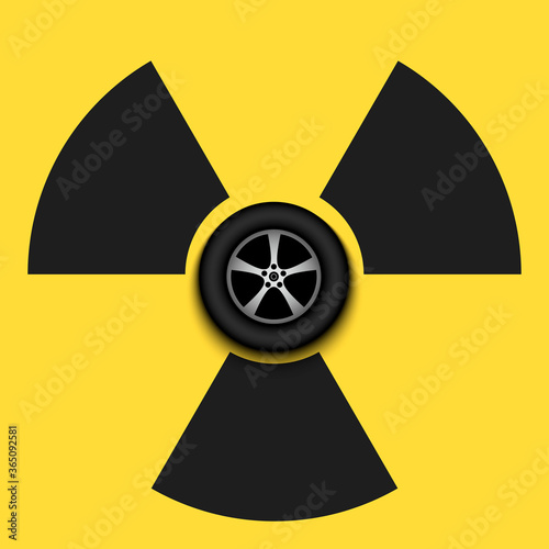 Radiaction symbol with car wheel. Caution radioactive danger sign. Racing quarantined. Cancellation of sports tournaments. Vector illustration