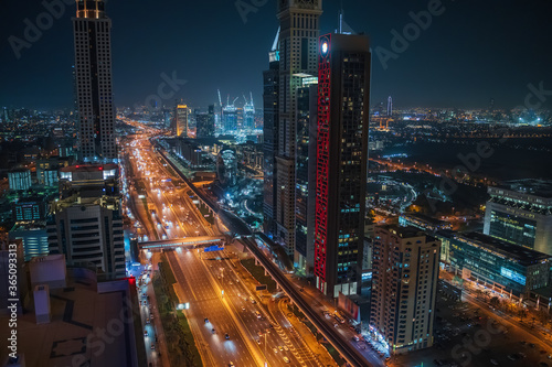 Dubai downtown skyline at night from above, United Arab Emirates.