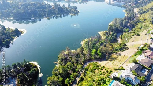 Hollywood Reservoir. Morning. Birds-eye-view of the water. 18 sec.