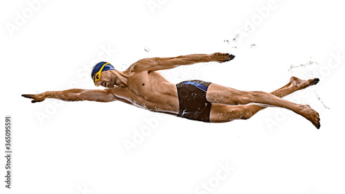 Obraz na plátně one caucasian man sport swimmer swimming silhouette isolated on white background