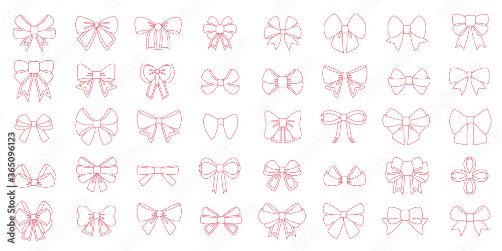 Editable line icon of red bow set. Vector red bows with yellow line ribbons satin bows for xmas gifts, present cards and luxury wrap pack isolated on white backgrounds