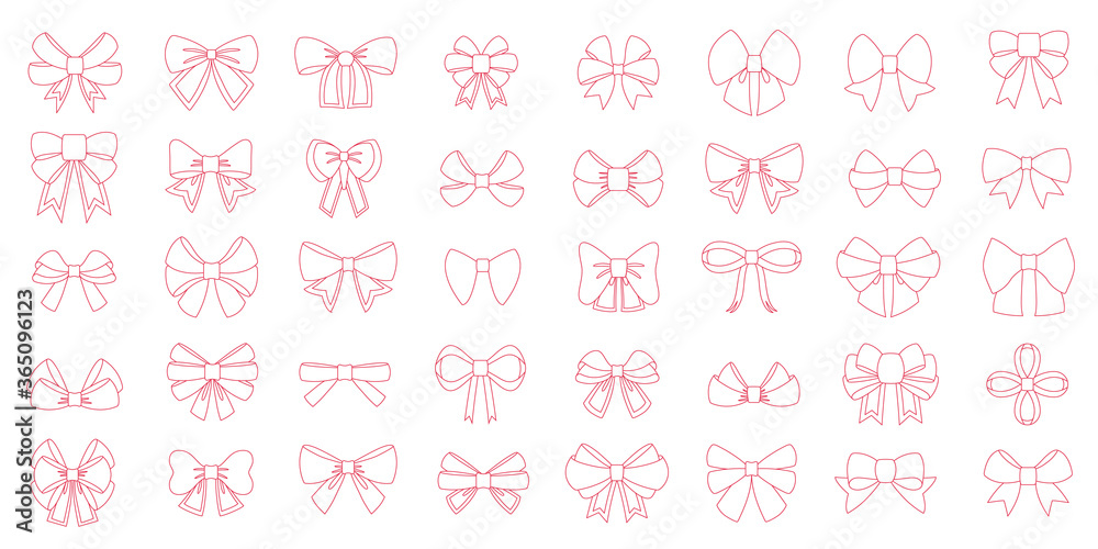 Editable line icon of red bow set. Vector red bows with yellow line ribbons satin bows for xmas gifts, present cards and luxury wrap pack isolated on white backgrounds Editable line icon of red bow set. Vector red bows with yellow line ribbons satin bows for xmas gifts, present cards and luxury wrap pack isolated on white backgrounds