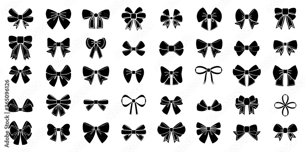 Black bow set. Cartoon vector black bows with line ribbons satin bows for Xmas gifts, present cards, Kurban Bayram or Eid Al Adha and luxury wrap pack isolated on white backgrounds