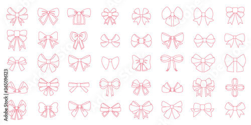 Editable line icon of red bow set. Vector red bows with yellow line ribbons satin bows for xmas gifts, present cards and luxury wrap pack isolated on white backgrounds