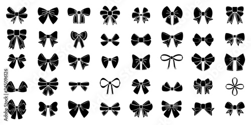 Black bow set. Cartoon vector black bows with line ribbons satin bows for Xmas gifts  present cards  Kurban Bayram or Eid Al Adha and luxury wrap pack isolated on white backgrounds