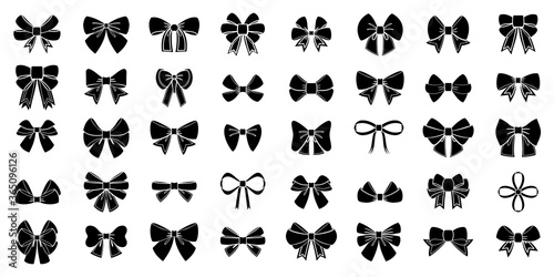 Black bow set. Cartoon vector black bows with line ribbons satin bows for Xmas gifts, present cards, Kurban Bayram or Eid Al Adha and luxury wrap pack isolated on white backgrounds