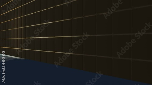 Bright yellow light is moving from left to right in a grid tile room (3D Rendering)
