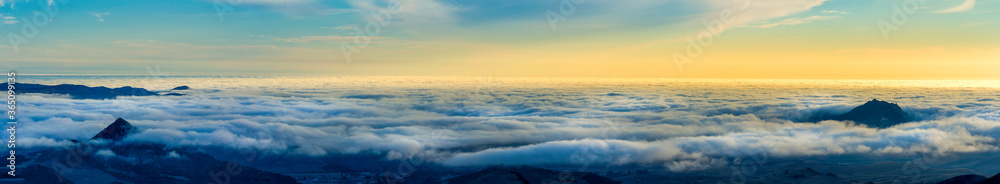 Panorama of Valley Filled with Clouds, Sunset, Peak Panorama of Valley Filled with Clouds, Sunset, Peak