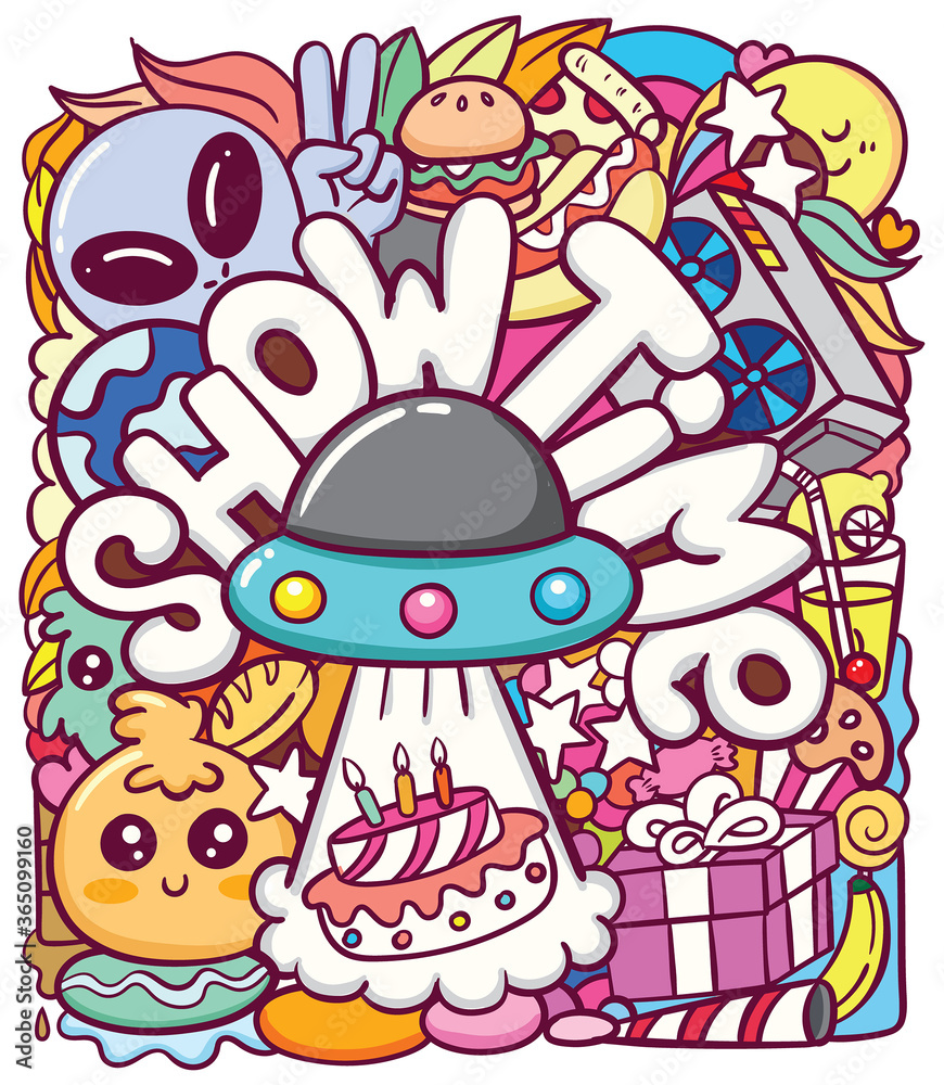 Cute alien ufo with various object doodle art Cute alien ufo with various object doodle art