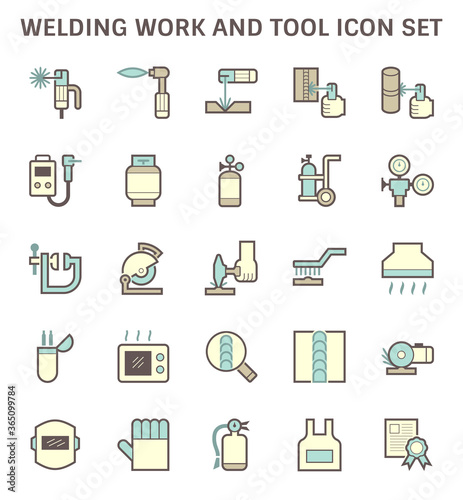 Welding work and tool such as welding torch, gas cutting tool, welding cabinet and other vector icon set design.