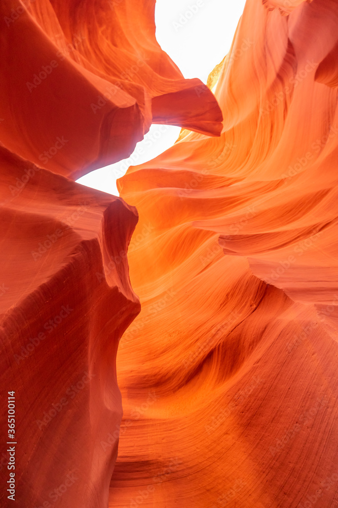 Beautiful wide angle view of amazing sandstone formations in famous Antelope Canyon on a sunny day in the morning near the old town of Page at Lake Powell, American Southwest, Arizona, USA