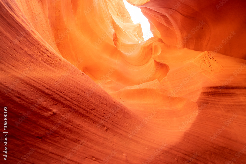 Beautiful wide angle view of amazing sandstone formations in famous Antelope Canyon on a sunny day in the morning near the old town of Page at Lake Powell, American Southwest, Arizona, USA