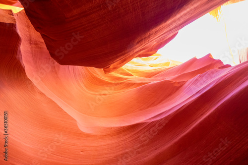 Beautiful wide angle view of amazing sandstone formations in famous Antelope Canyon on a sunny day in the morning near the old town of Page at Lake Powell, American Southwest, Arizona, USA