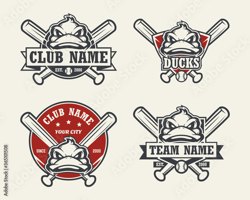Duck head sport logo. Set of baseball emblems, badges, logos and labels. Design element for company logo, label, emblem, apparel or other merchandise. Scalable and editable Vector illustration.