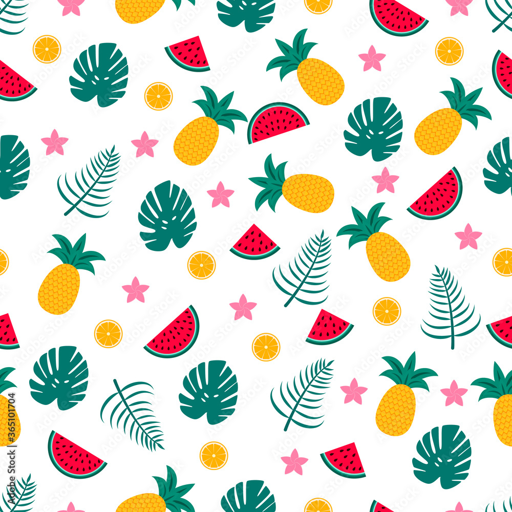Fototapeta premium Summer seamless pattern with watermelons, pineapples and palm leaves. Seasonal vector background. Easy to edit template with for poster, card, banner, flyer, sticker, fabric, clothes