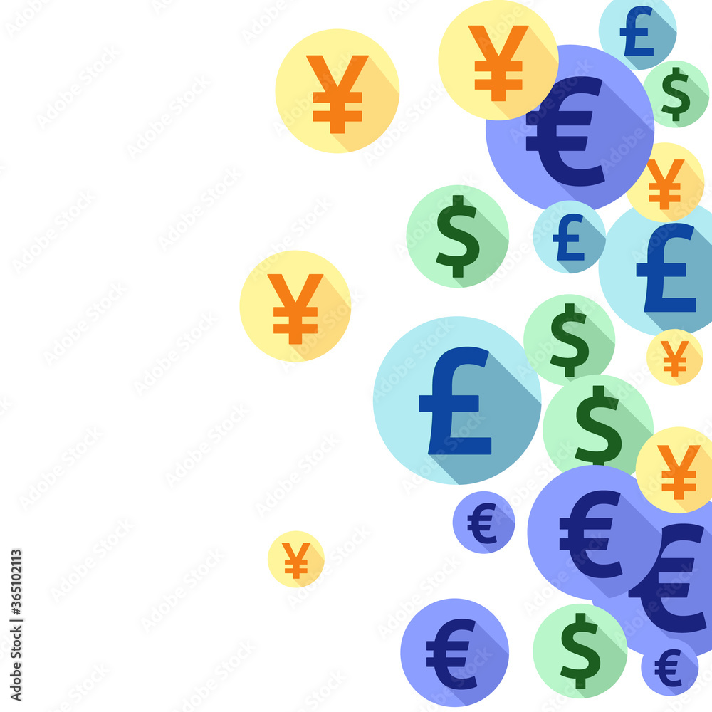 Euro dollar pound yen round symbols flying money vector background. Jackpot concept. Currency icons Euro dollar pound yen round symbols flying money vector background. Jackpot concept. Currency icons