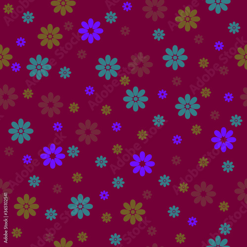 Seamless Floral Pattern Design cute multicolor flowers with dark pink background. Great for Fabric, Textile, backgrounds, wallpaper, surface pattern, scrapbook, bullet journal. 